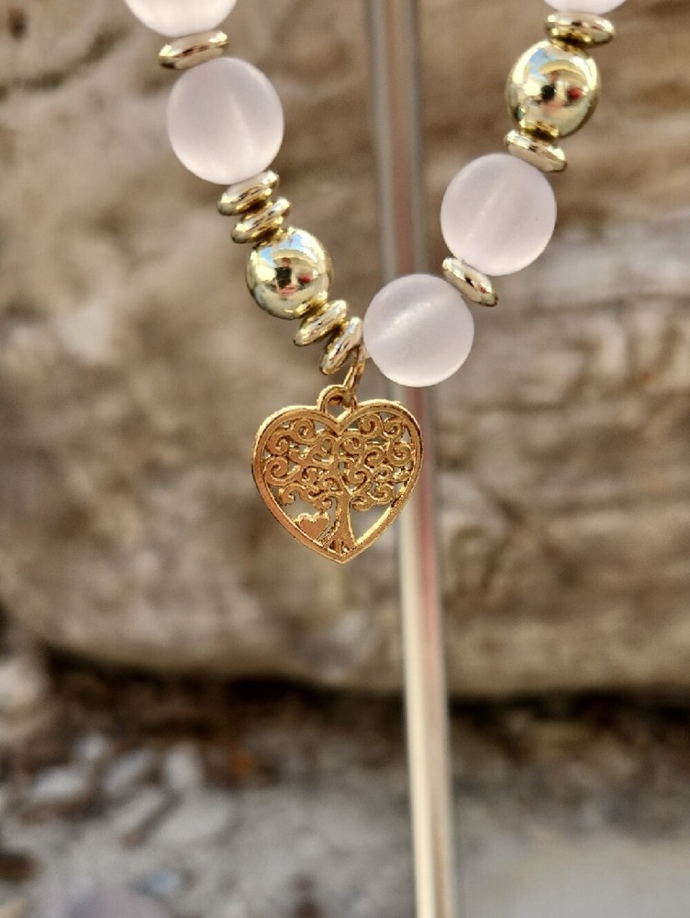 Deatiled Beaded Bracelet Set Gold Toned Metal Owl Heart Dangles Opaque White - Picture 4 of 12